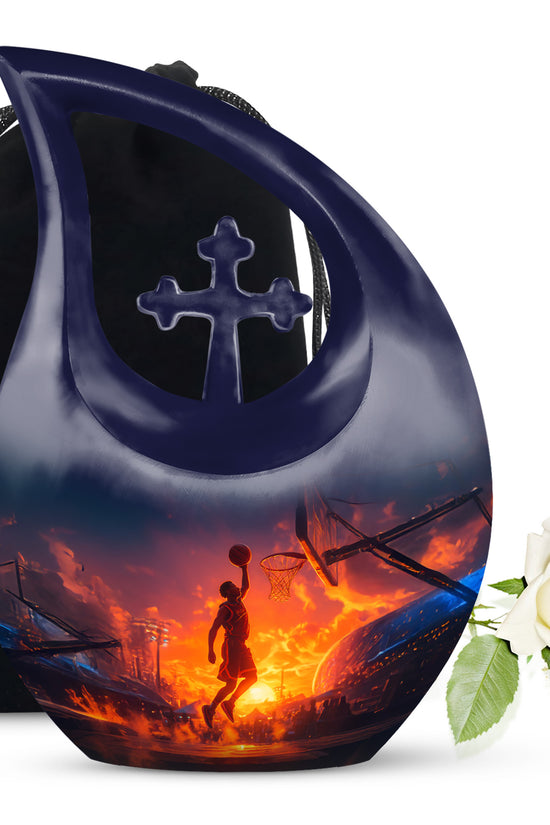 Slate Blue Basketball Cremation Urn top-down view of secure threaded lid - sacred cross merged with basketball motif on metal - full-size 10 inch 200 cubic inch adult cremation urn