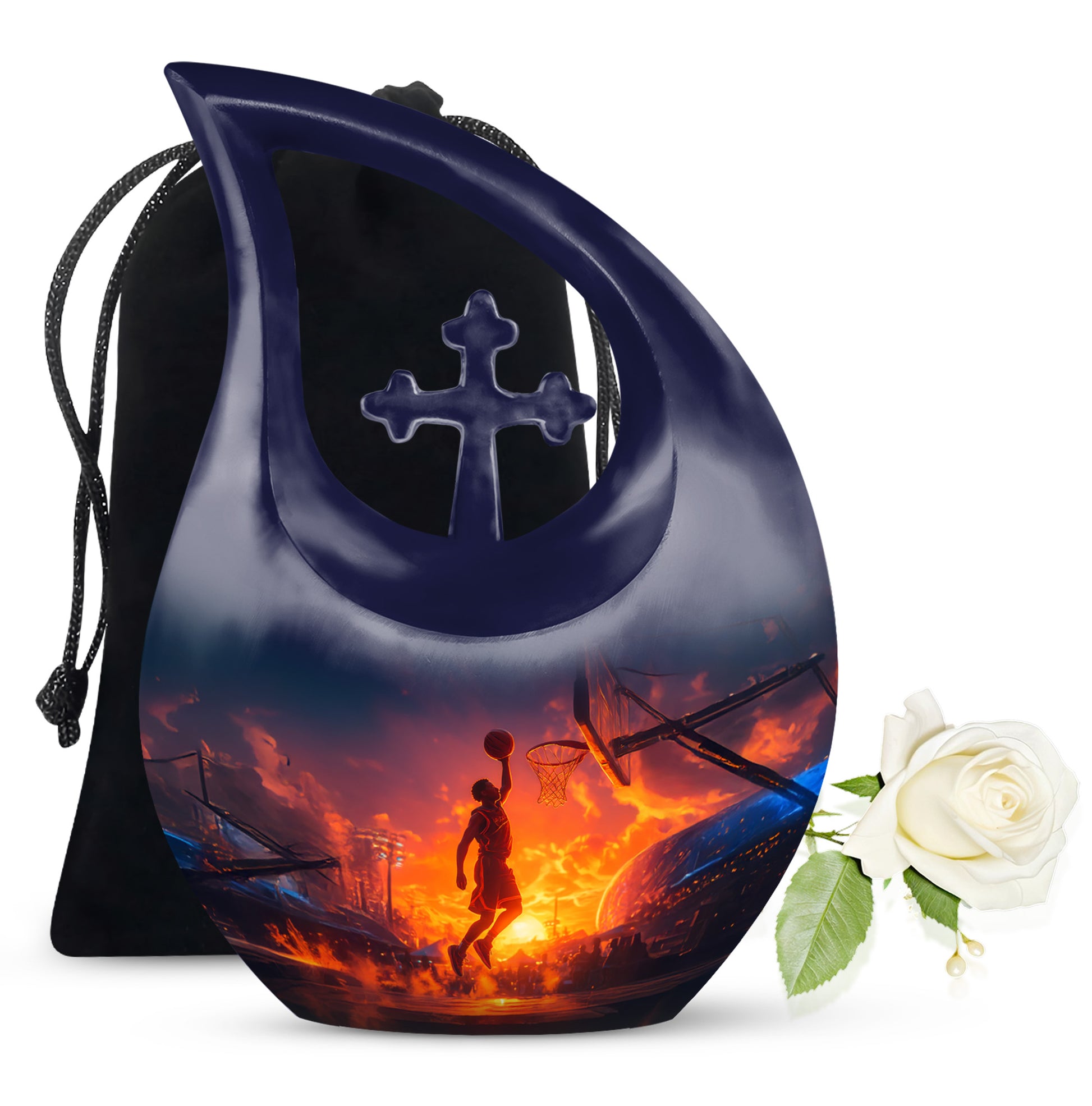 Slate Blue Basketball Cremation Urn top-down view of secure threaded lid - sacred cross merged with basketball motif on metal - full-size 10 inch 200 cubic inch adult cremation urn
