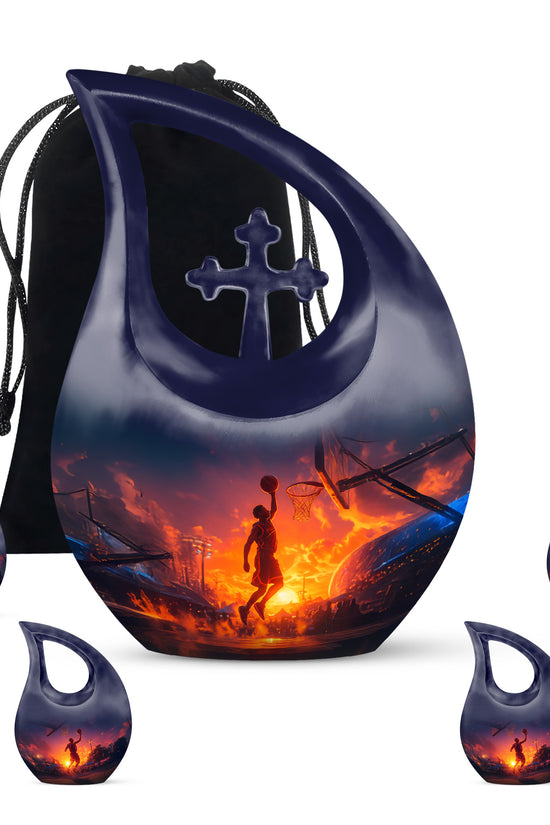 Dusty Blue Basketball Cremation Urn urn with complimentary velvet bag - sacred cross merged with basketball motif on metal - memorial set with one large and four small urns