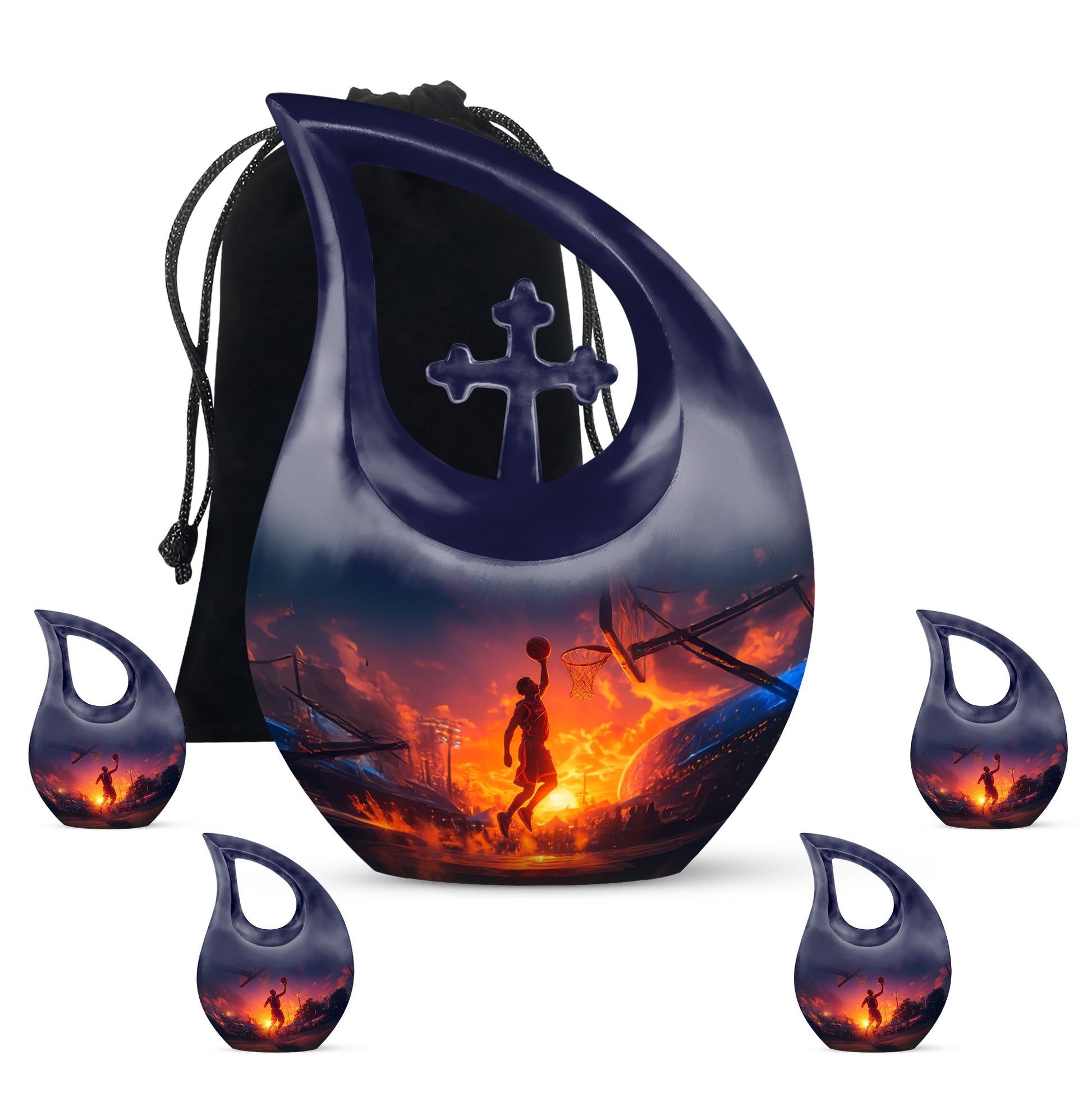 Dusty Blue Basketball Cremation Urn urn with complimentary velvet bag - sacred cross merged with basketball motif on metal - memorial set with one large and four small urns