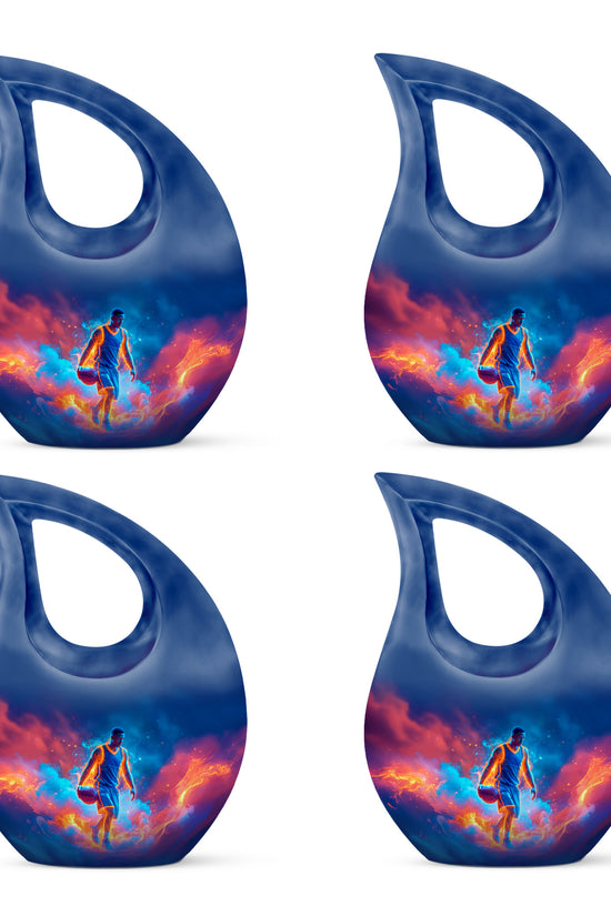 Sapphire Blue Basketball Cremation Urn lifestyle display on memorial shelf - faith-inspired cross-drop urn with basketball pattern - 10 inch aluminum urn for cremated remains