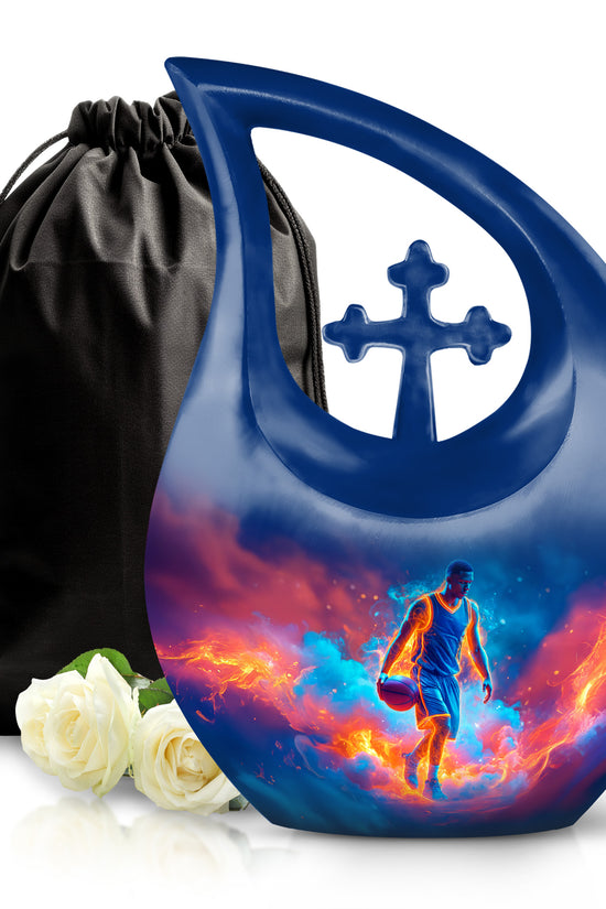 Sky Blue Basketball Cremation Urn top-down view of secure threaded lid - sacred cross merged with basketball motif on metal - full-size 10 inch 200 cubic inch adult cremation urn