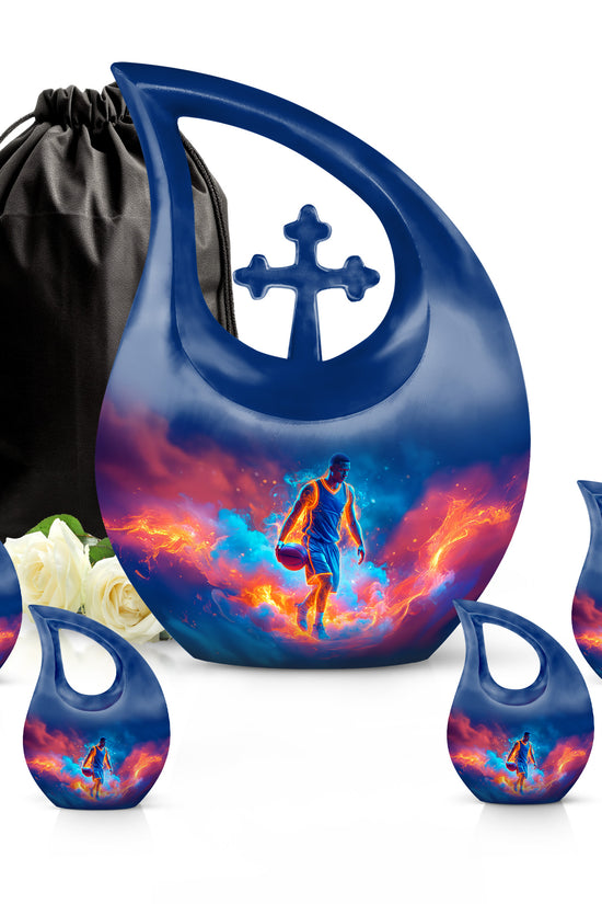 Navy Blue Basketball Cremation Urn urn with complimentary velvet bag - sacred cross merged with basketball motif on metal - memorial set with one large and four small urns