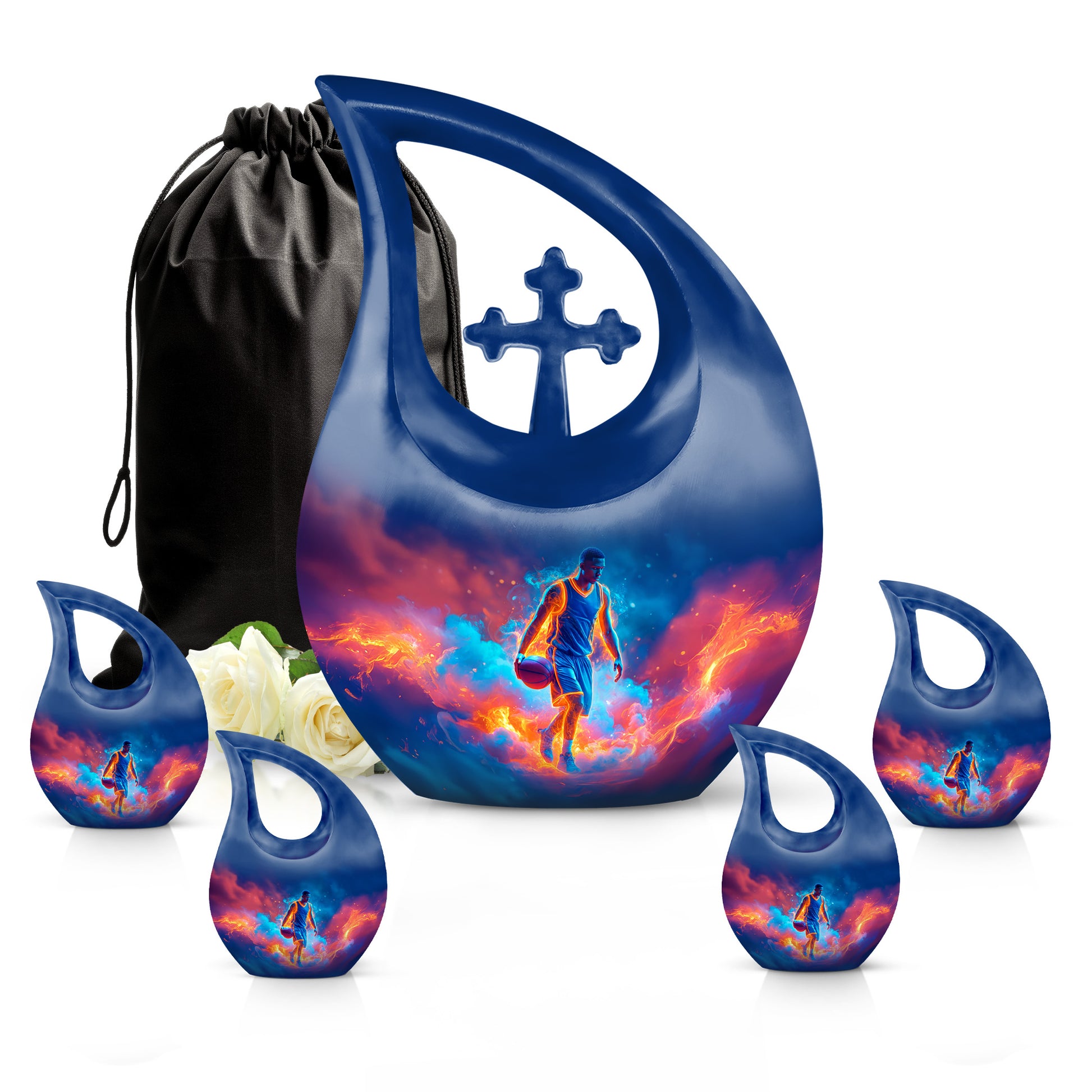 Navy Blue Basketball Cremation Urn urn with complimentary velvet bag - sacred cross merged with basketball motif on metal - memorial set with one large and four small urns