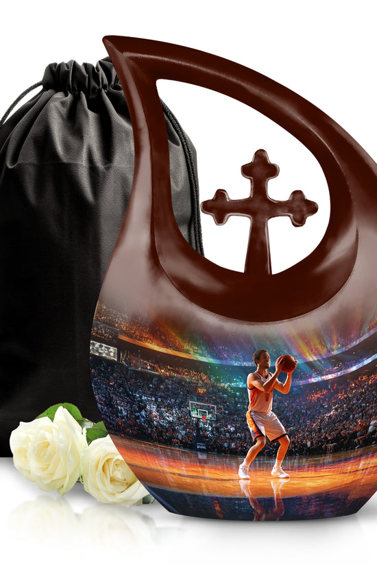 Powder Blue Basketball Cremation Urn top-down view of secure threaded lid - cross and basketball combined in spiritual memorial design - full-size 10 inch 200 cubic inch adult cremation urn
