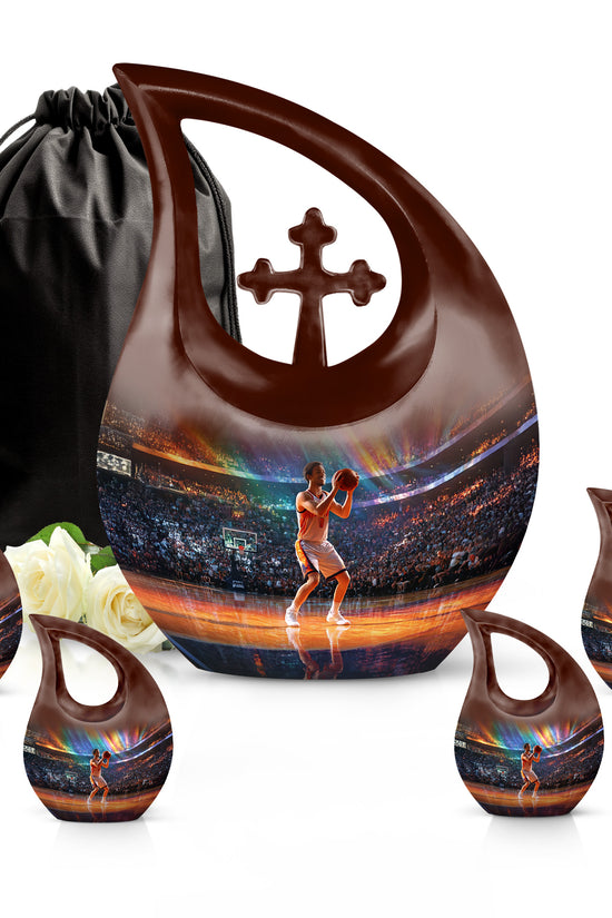 Icy Blue Basketball Cremation Urn urn with complimentary velvet bag - cross and basketball combined in spiritual memorial design - memorial set with one large and four small urns