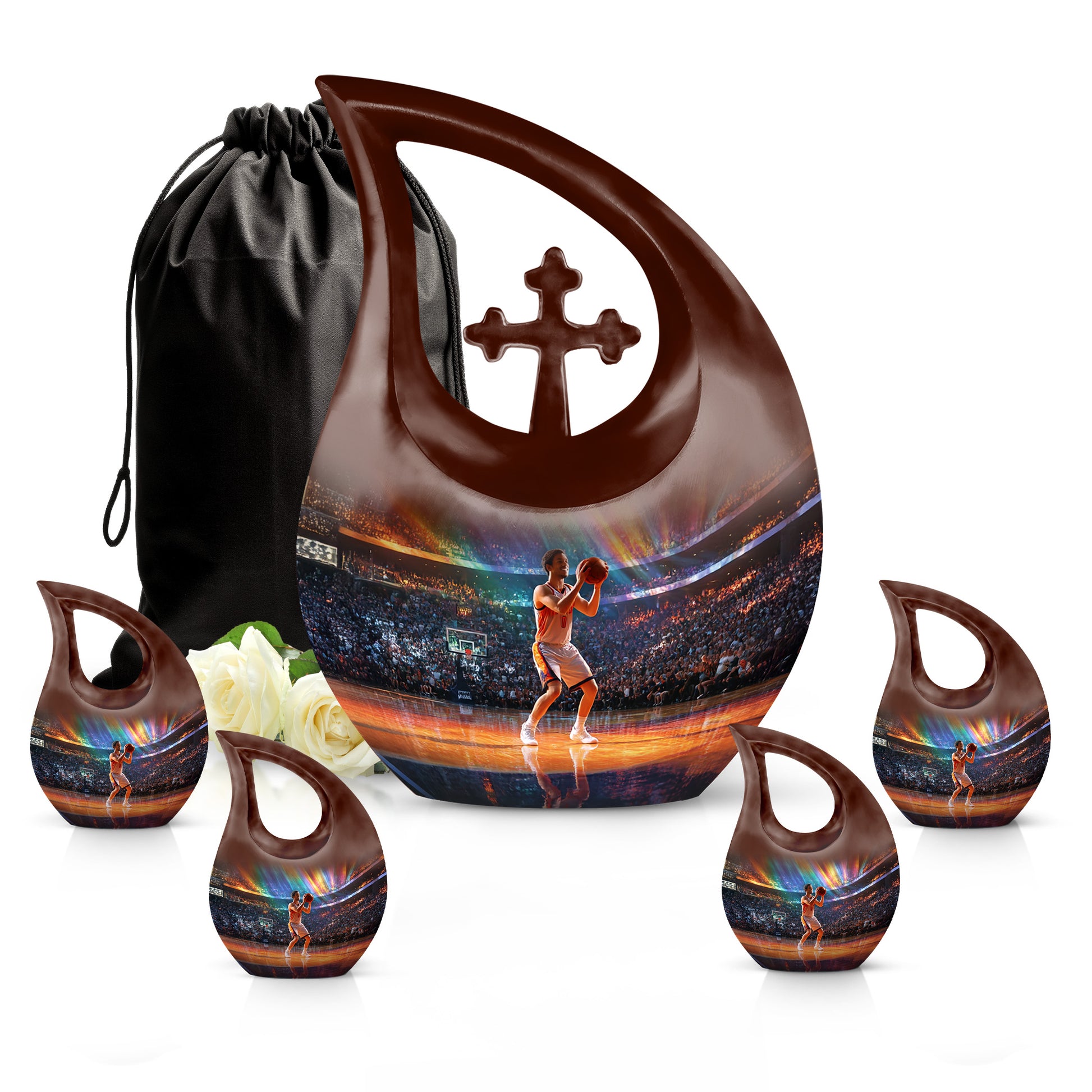 Icy Blue Basketball Cremation Urn urn with complimentary velvet bag - cross and basketball combined in spiritual memorial design - memorial set with one large and four small urns