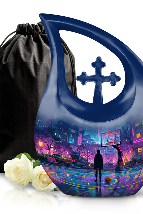 Sky Blue Basketball Cremation Urn top-down view of secure threaded lid - cross and basketball combined in spiritual memorial design - full-size 10 inch 200 cubic inch adult cremation urn