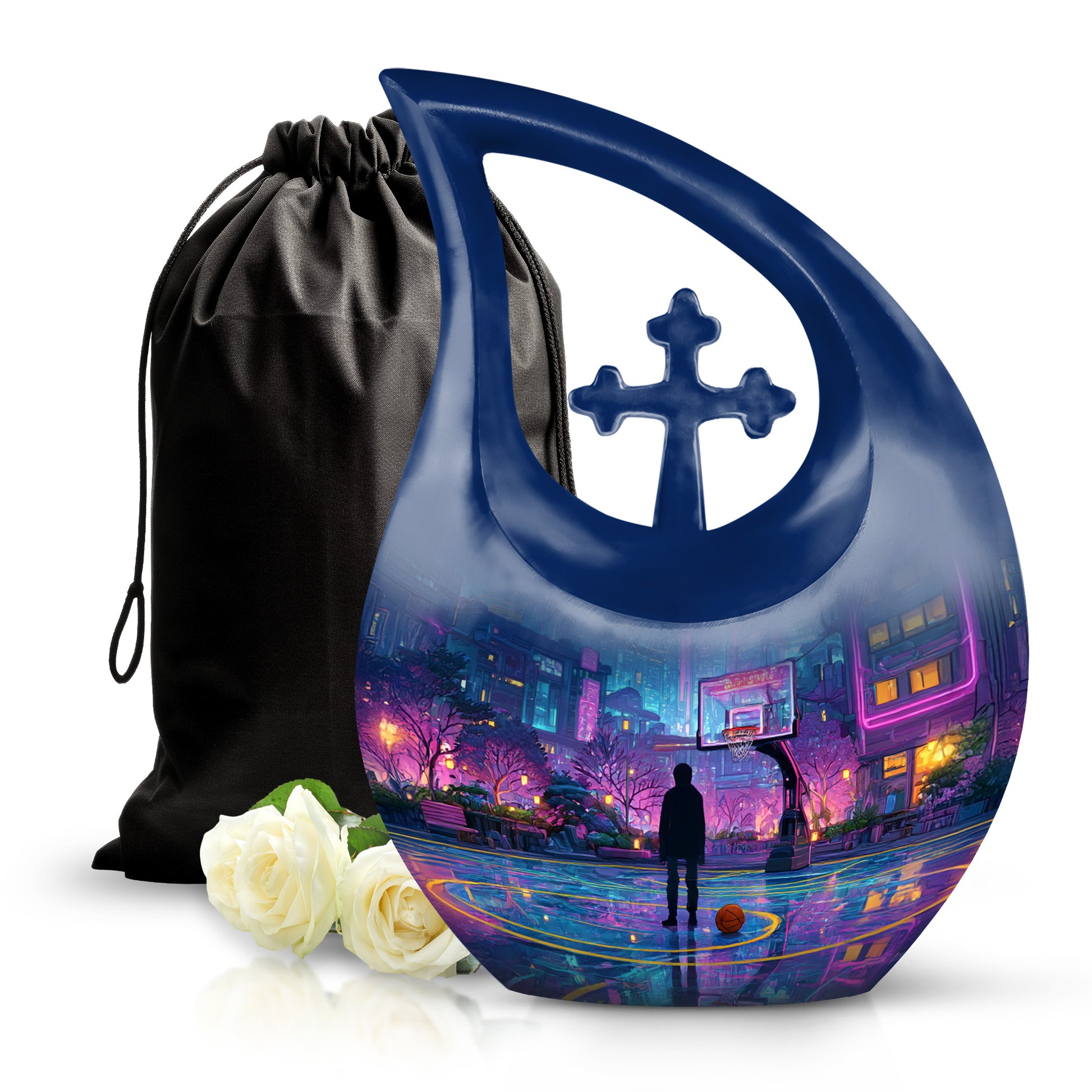 Sky Blue Basketball Cremation Urn top-down view of secure threaded lid - cross and basketball combined in spiritual memorial design - full-size 10 inch 200 cubic inch adult cremation urn