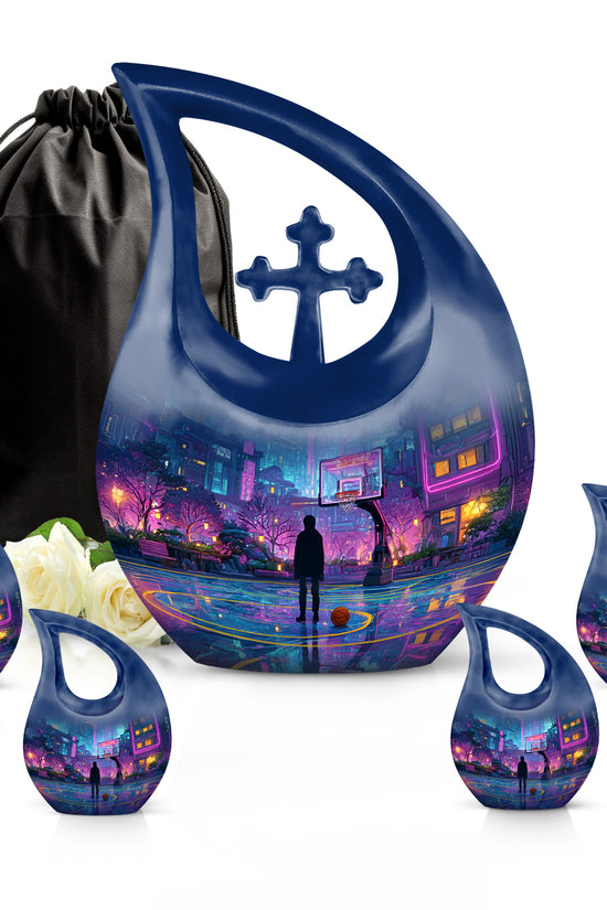 Calming Blue Basketball Cremation Urn urn with complimentary velvet bag - devotional cross-drop basketball engraving - memorial set with one large and four small urns