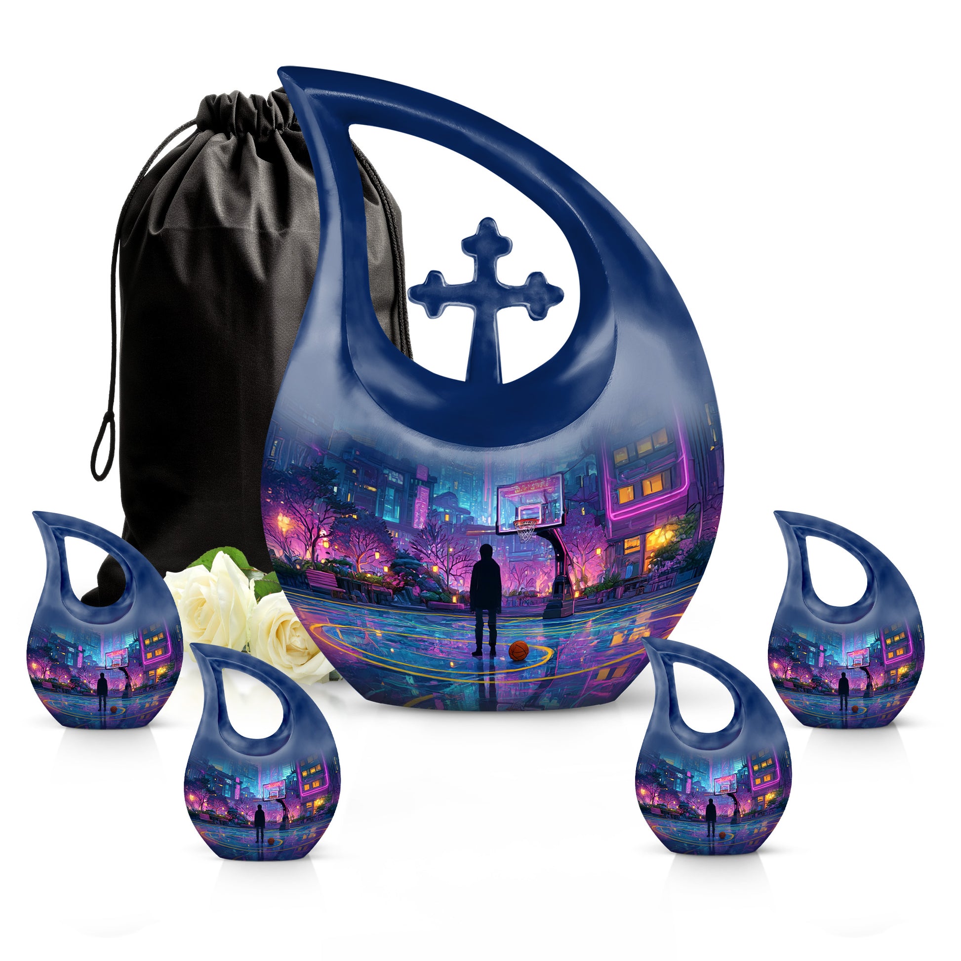 Calming Blue Basketball Cremation Urn urn with complimentary velvet bag - devotional cross-drop basketball engraving - memorial set with one large and four small urns