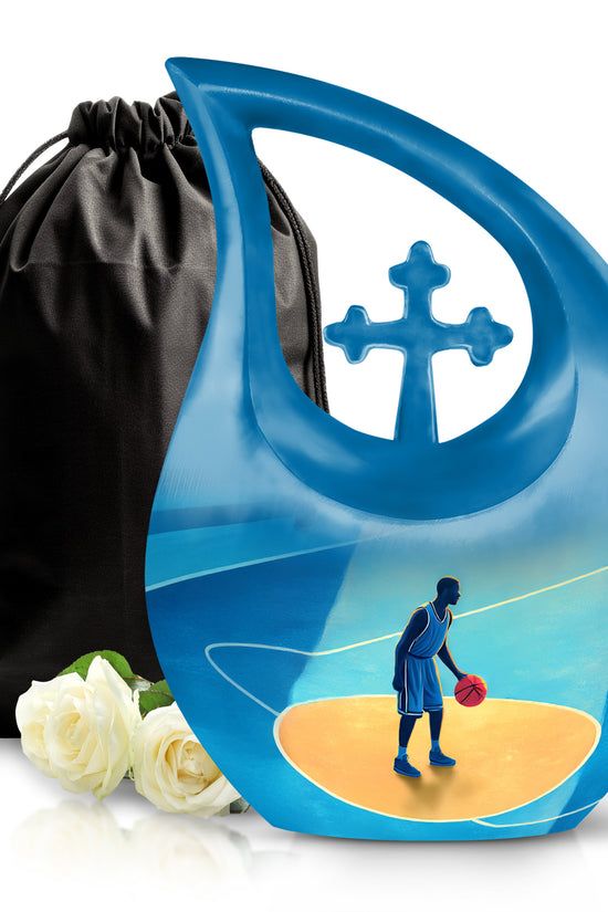 Soft Blue Basketball Cremation Urn top-down view of secure threaded lid - devotional cross-drop basketball engraving - full-size 10 inch 200 cubic inch adult cremation urn