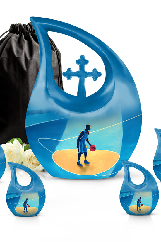 Calming Blue Basketball Cremation Urn urn with complimentary velvet bag - devotional cross-drop basketball engraving - memorial set with one large and four small urns