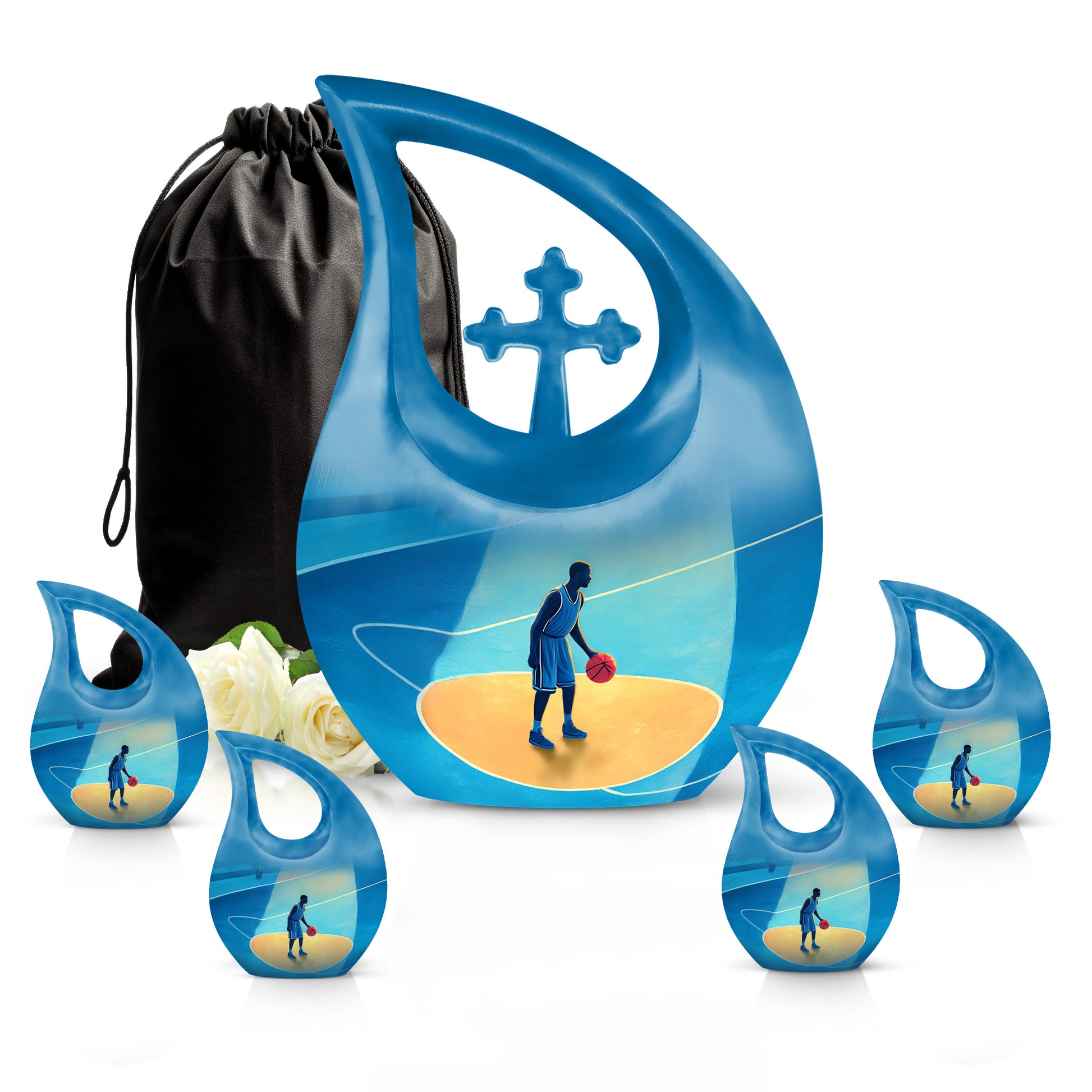 Calming Blue Basketball Cremation Urn urn with complimentary velvet bag - devotional cross-drop basketball engraving - memorial set with one large and four small urns