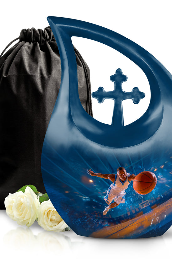 Icy Blue Basketball Cremation Urn top-down view of secure threaded lid - cross and basketball combined in spiritual memorial design - full-size 10 inch 200 cubic inch adult cremation urn