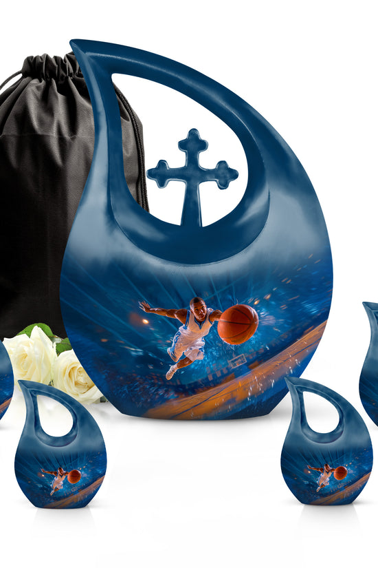 Azure Basketball Cremation Urn urn with complimentary velvet bag - sacred cross merged with basketball motif on metal - memorial set with one large and four small urns