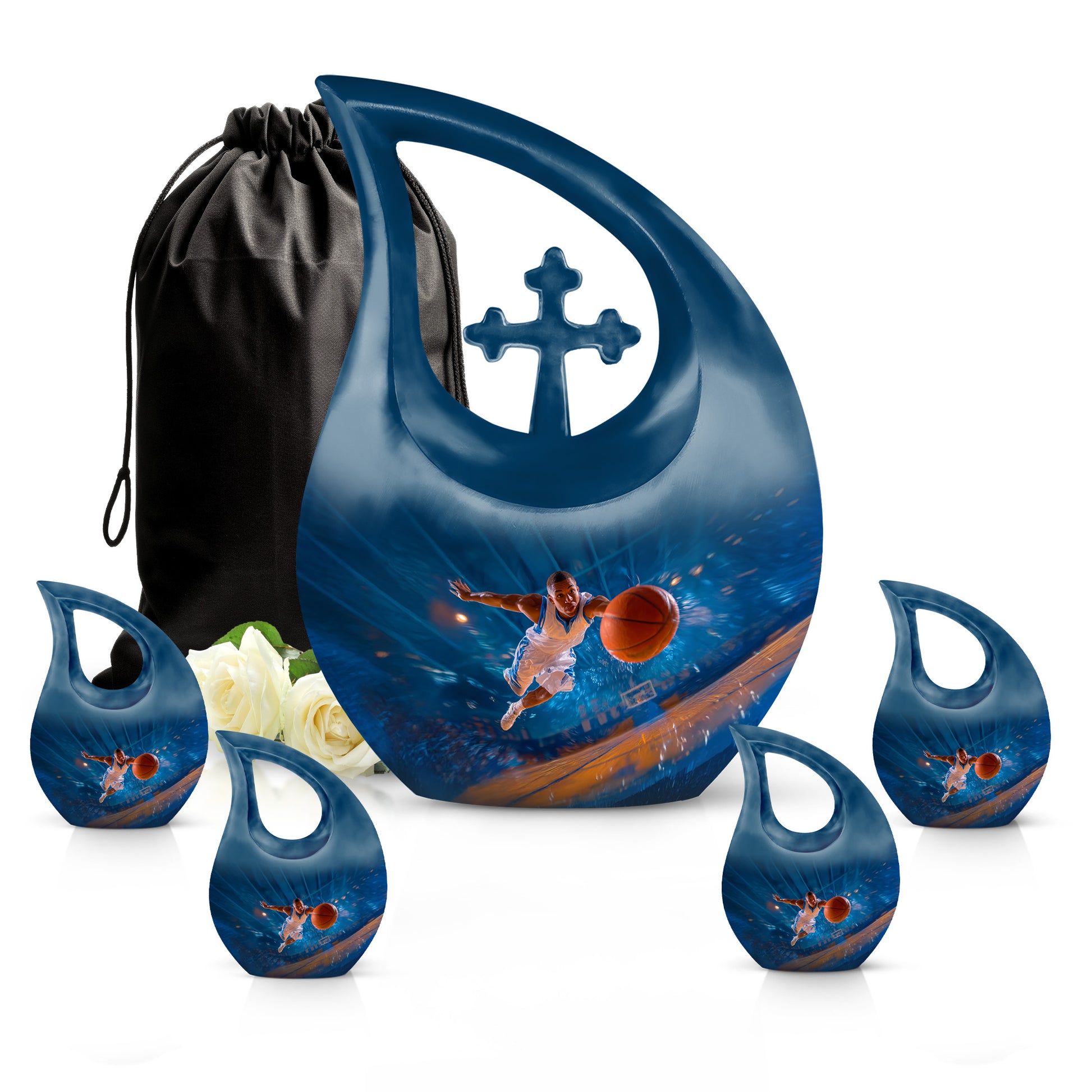 Azure Basketball Cremation Urn urn with complimentary velvet bag - sacred cross merged with basketball motif on metal - memorial set with one large and four small urns