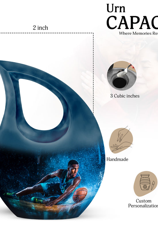 Glossy Black Basketball Cremation Urn back view with polished surface - sacred cross merged with basketball motif on metal - mini keepsake memorial for portion of cremation ashes
