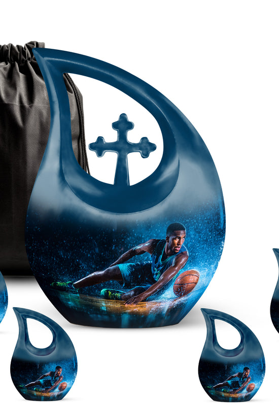 Obsidian Black Basketball Cremation Urn urn with complimentary velvet bag - faith-inspired cross-drop urn with basketball pattern - memorial set with one large and four small urns