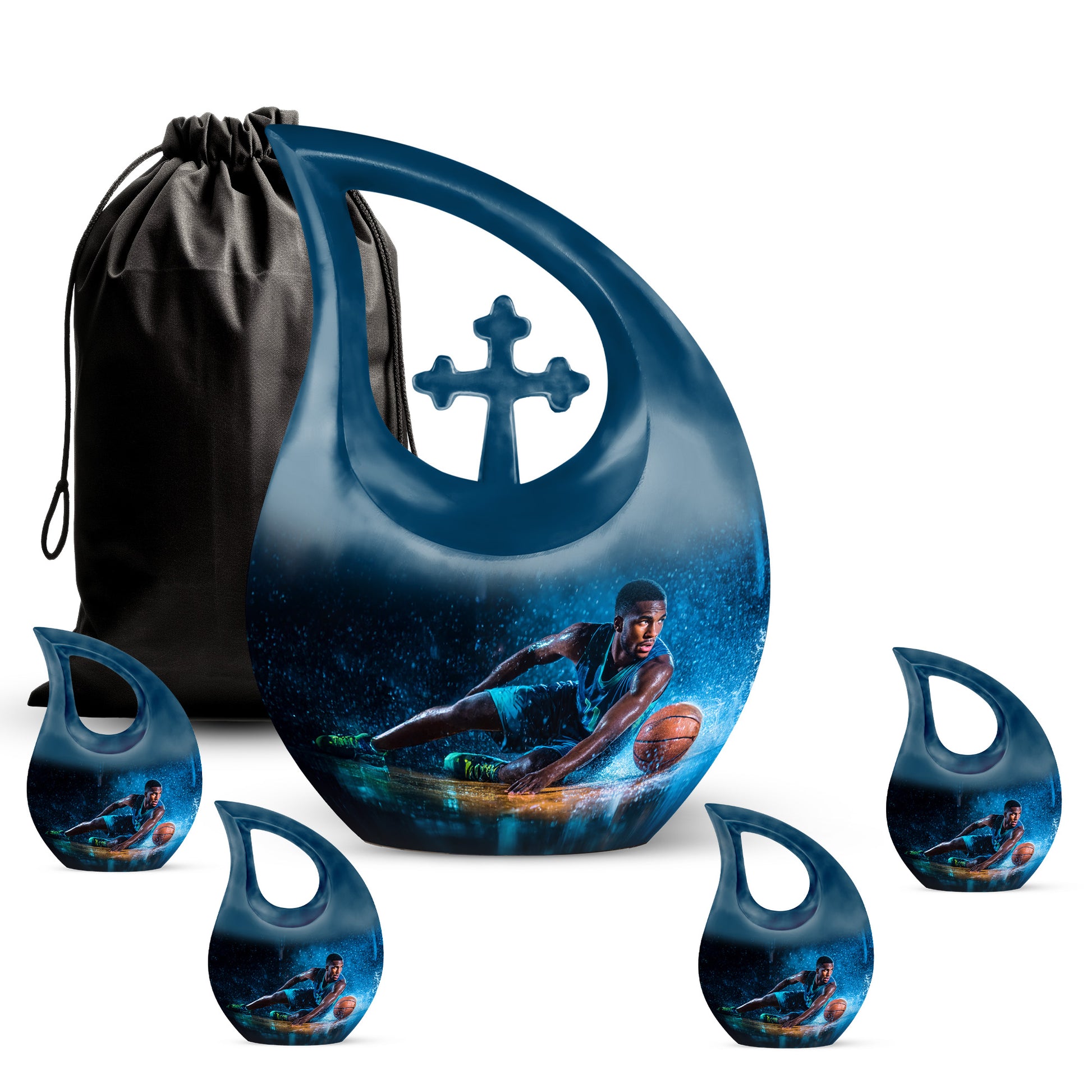 Obsidian Black Basketball Cremation Urn urn with complimentary velvet bag - faith-inspired cross-drop urn with basketball pattern - memorial set with one large and four small urns