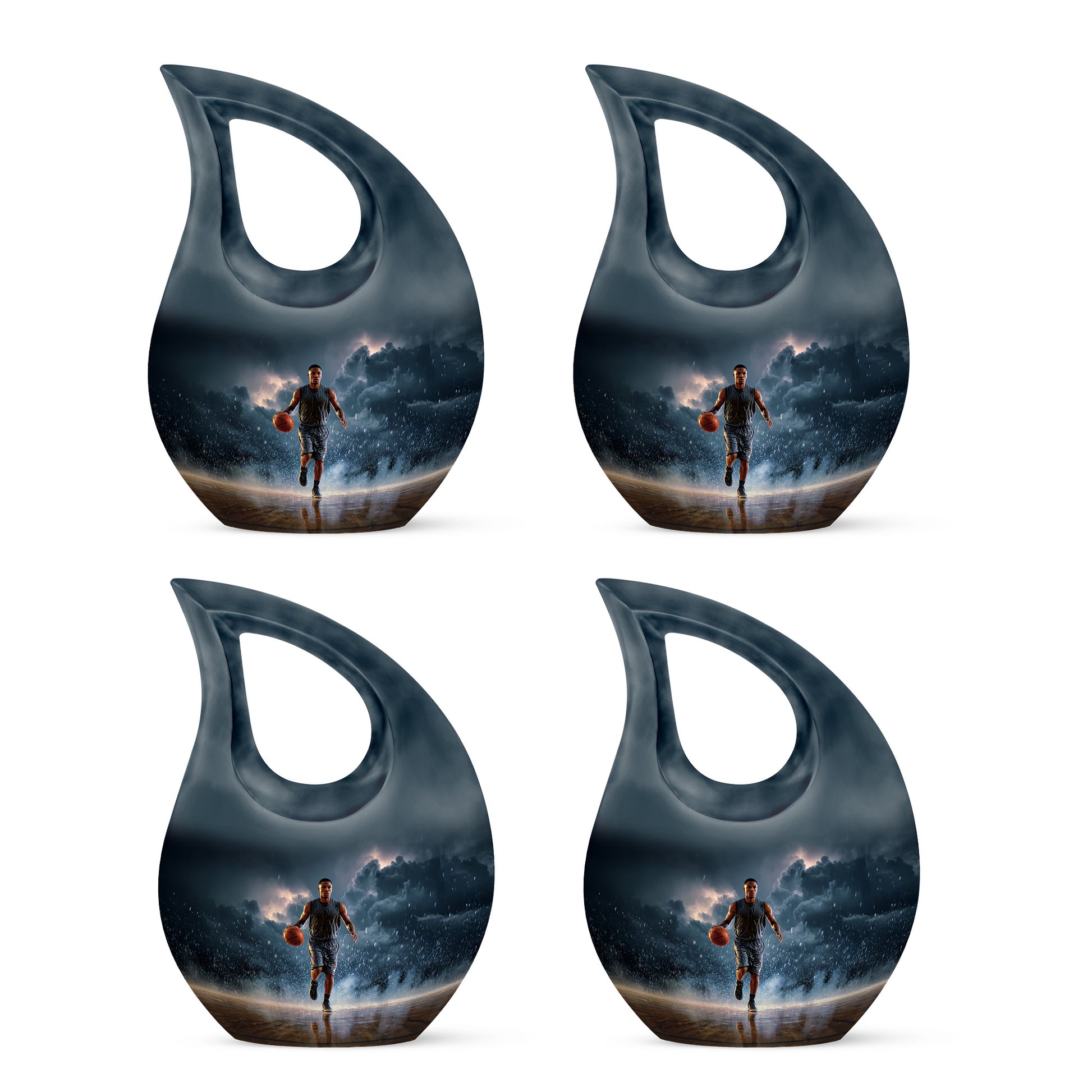 Powder Blue Basketball Cremation Urn lifestyle display on memorial shelf - cross and basketball combined in spiritual memorial design - 10 inch aluminum urn for cremated remains