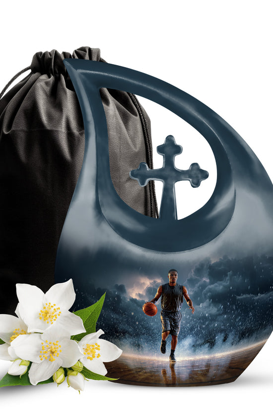 Bright Blue Basketball Cremation Urn top-down view of secure threaded lid - faith-inspired cross-drop urn with basketball pattern - full-size 10 inch 200 cubic inch adult cremation urn