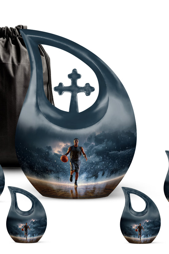 Calming Blue Basketball Cremation Urn urn with complimentary velvet bag - devotional cross-drop basketball engraving - memorial set with one large and four small urns