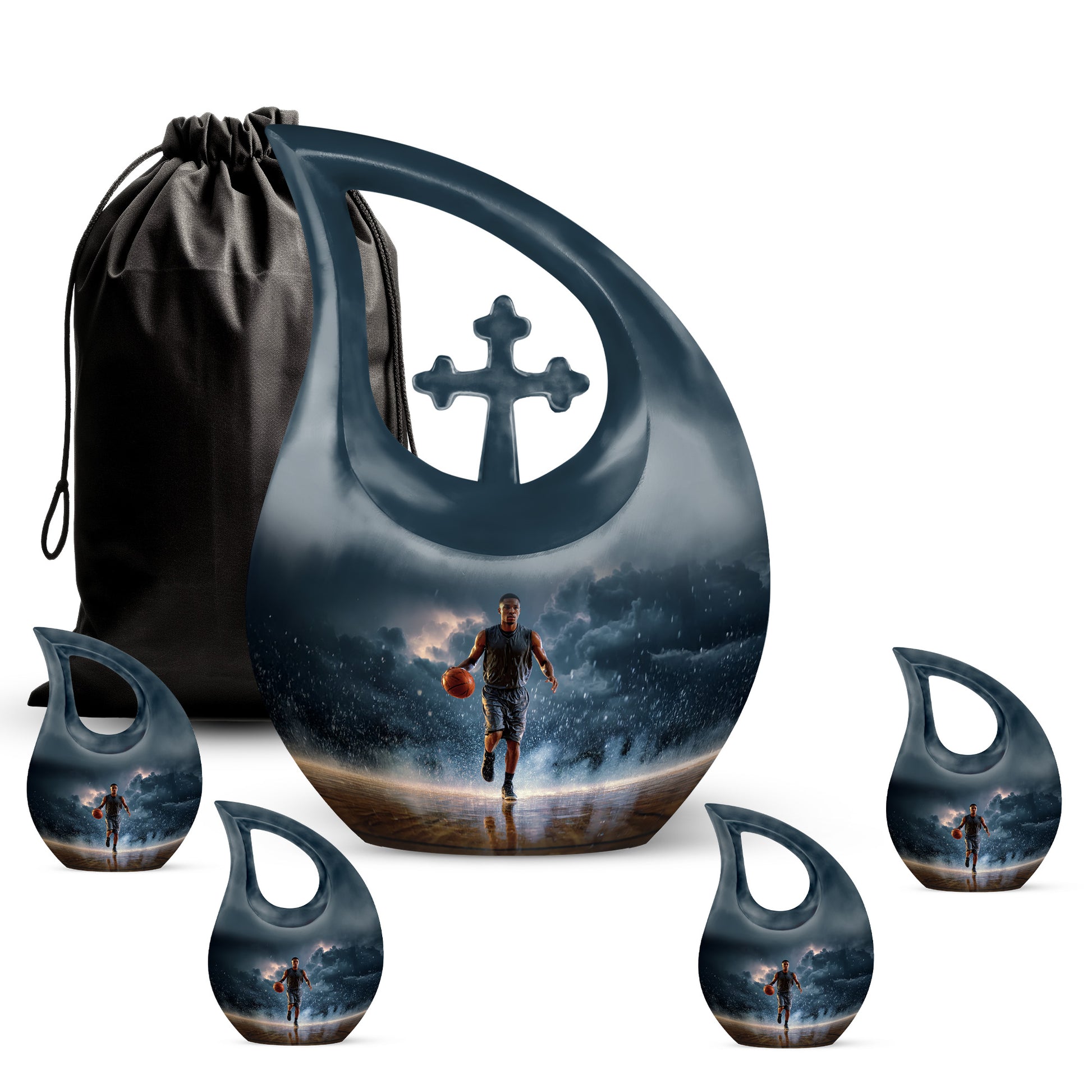 Calming Blue Basketball Cremation Urn urn with complimentary velvet bag - devotional cross-drop basketball engraving - memorial set with one large and four small urns