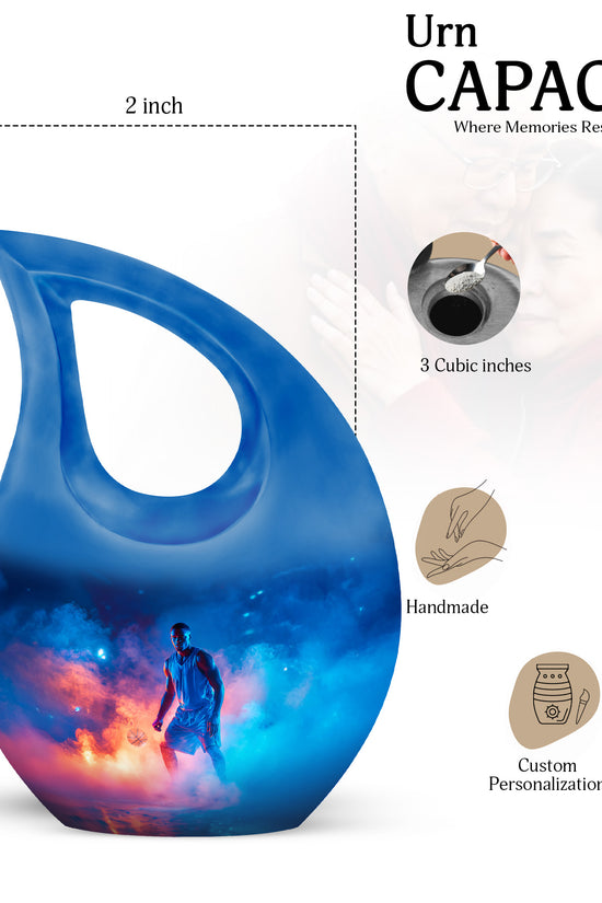 Celestial Blue Basketball Cremation Urn back view with polished surface - sacred cross merged with basketball motif on metal - mini keepsake memorial for portion of cremation ashes
