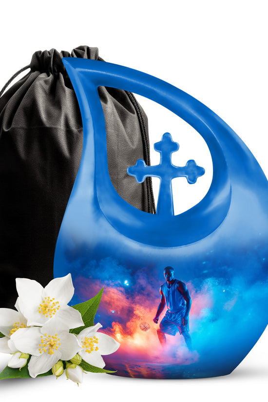 Sapphire Blue Basketball Cremation Urn top-down view of secure threaded lid - devotional cross-drop basketball engraving - full-size 10 inch 200 cubic inch adult cremation urn