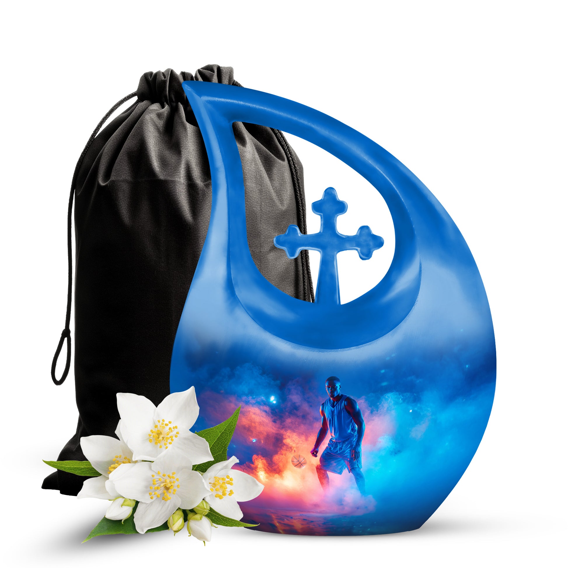 Sapphire Blue Basketball Cremation Urn top-down view of secure threaded lid - devotional cross-drop basketball engraving - full-size 10 inch 200 cubic inch adult cremation urn