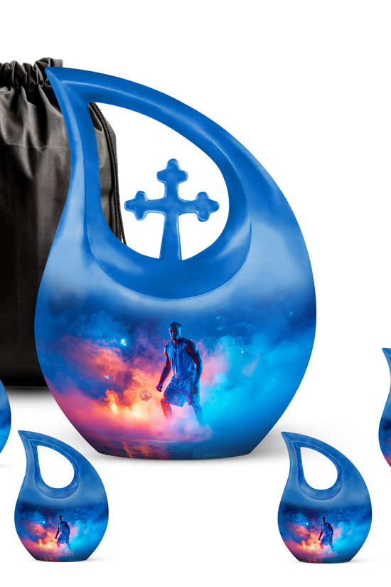 Celestial Blue Basketball Cremation Urn urn with complimentary velvet bag - cross and basketball combined in spiritual memorial design - memorial set with one large and four small urns