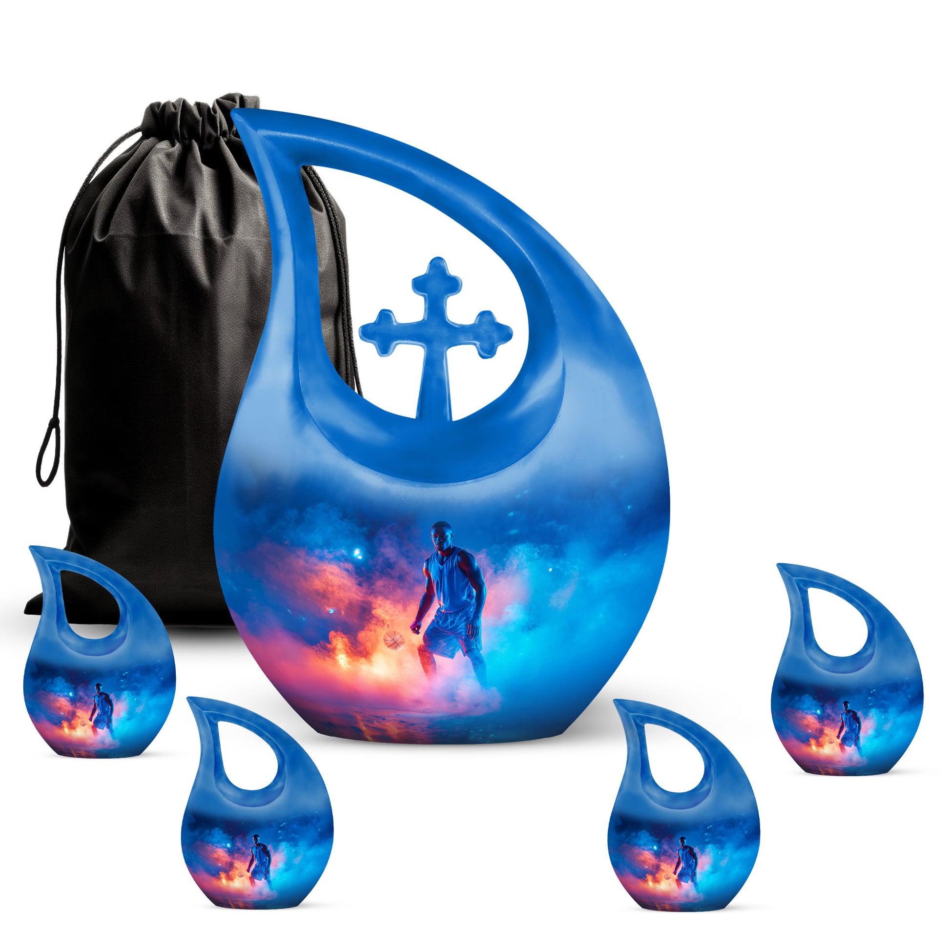 Celestial Blue Basketball Cremation Urn urn with complimentary velvet bag - cross and basketball combined in spiritual memorial design - memorial set with one large and four small urns