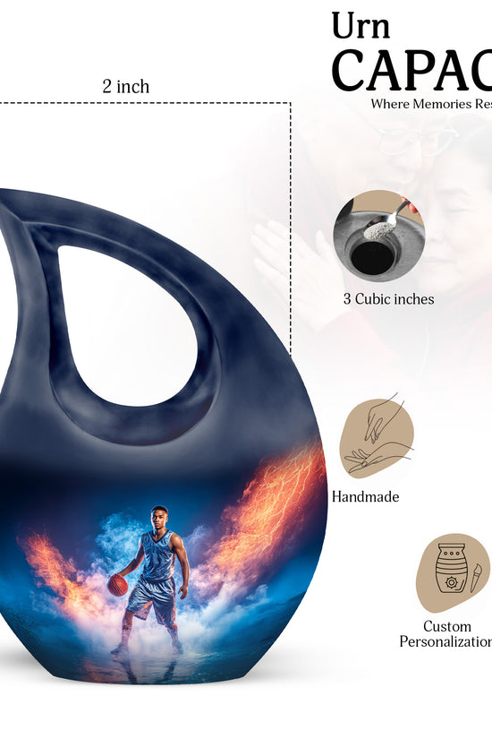 Steel Blue Basketball Cremation Urn back view with polished surface - devotional cross-drop basketball engraving - mini keepsake memorial for portion of cremation ashes