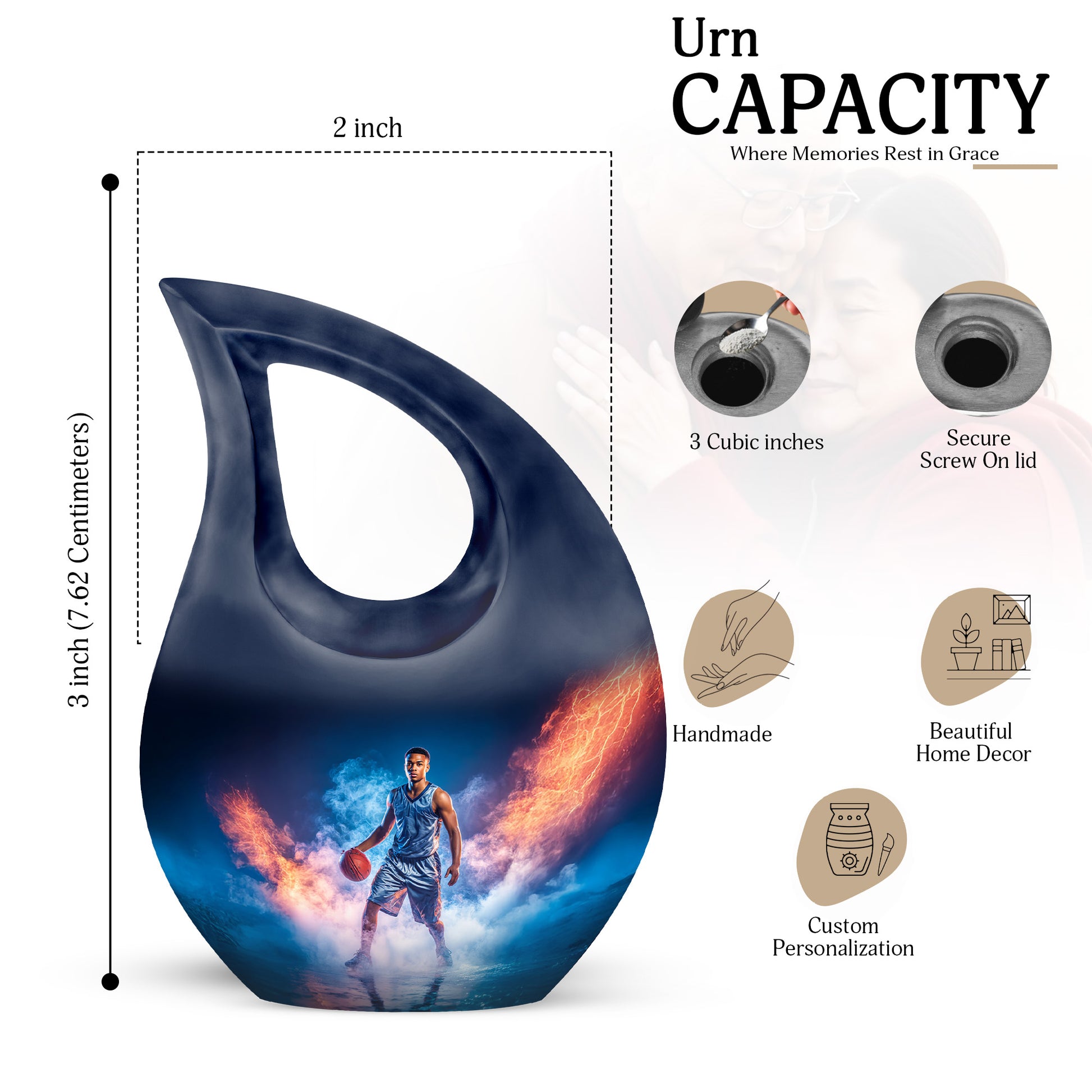 Steel Blue Basketball Cremation Urn back view with polished surface - devotional cross-drop basketball engraving - mini keepsake memorial for portion of cremation ashes