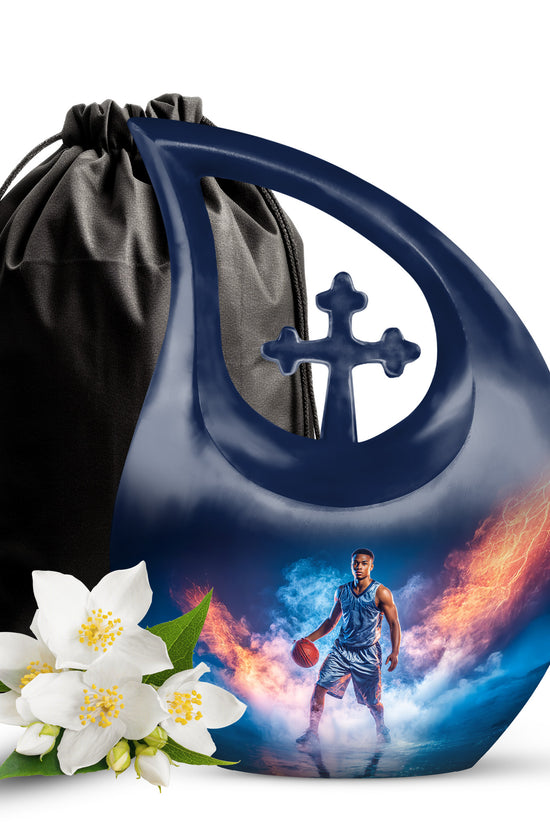 Slate Blue Basketball Cremation Urn top-down view of secure threaded lid - sacred cross merged with basketball motif on metal - full-size 10 inch 200 cubic inch adult cremation urn