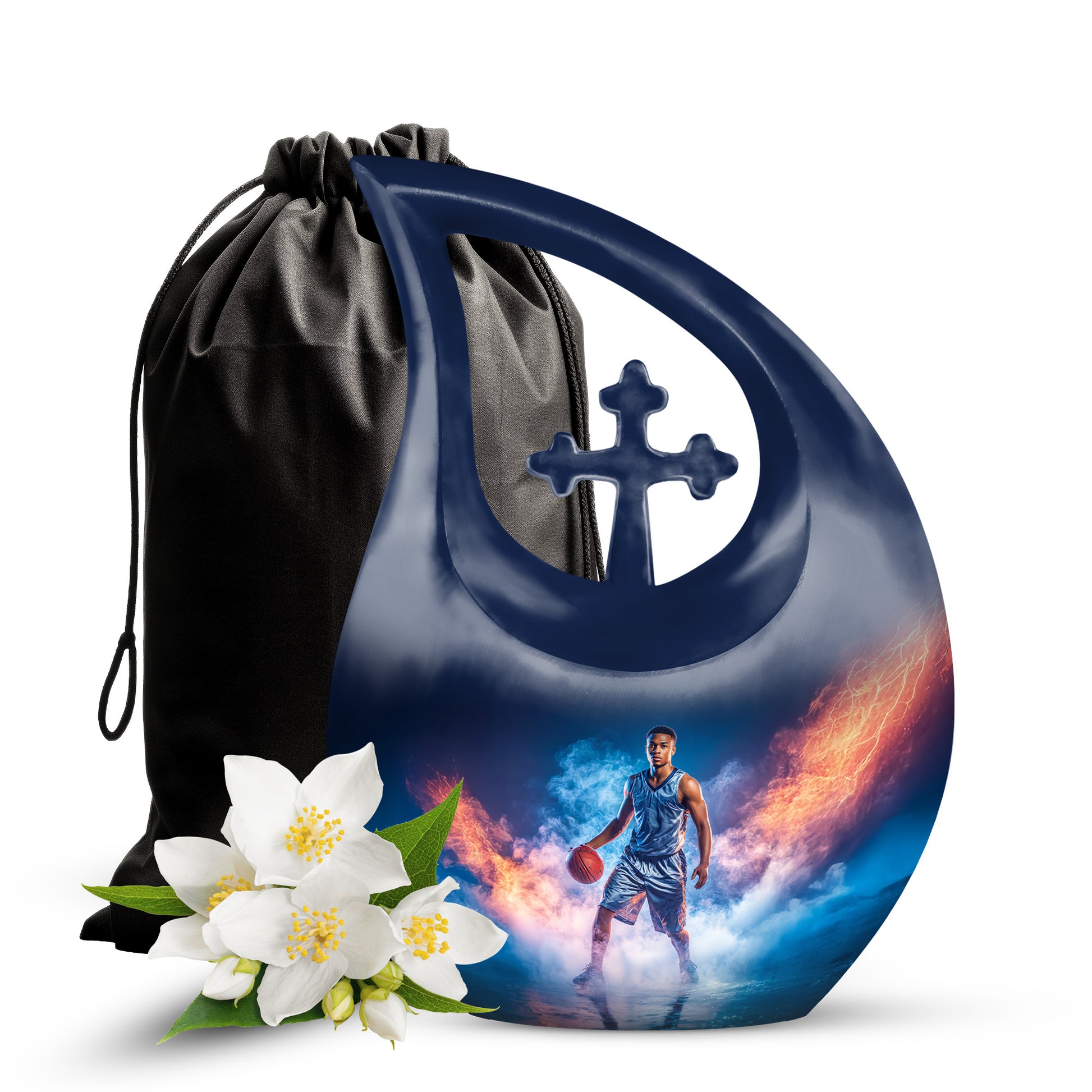 Slate Blue Basketball Cremation Urn top-down view of secure threaded lid - sacred cross merged with basketball motif on metal - full-size 10 inch 200 cubic inch adult cremation urn