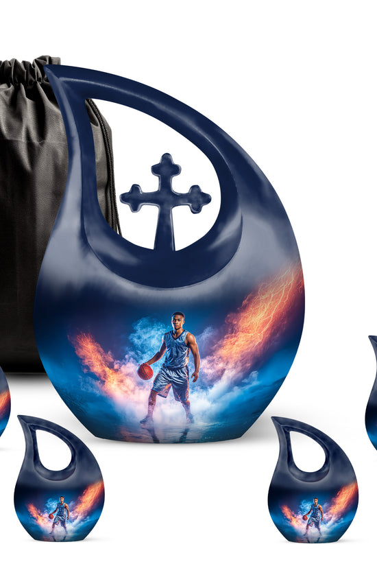 Cobalt Blue Basketball Cremation Urn urn with complimentary velvet bag - devotional cross-drop basketball engraving - memorial set with one large and four small urns
