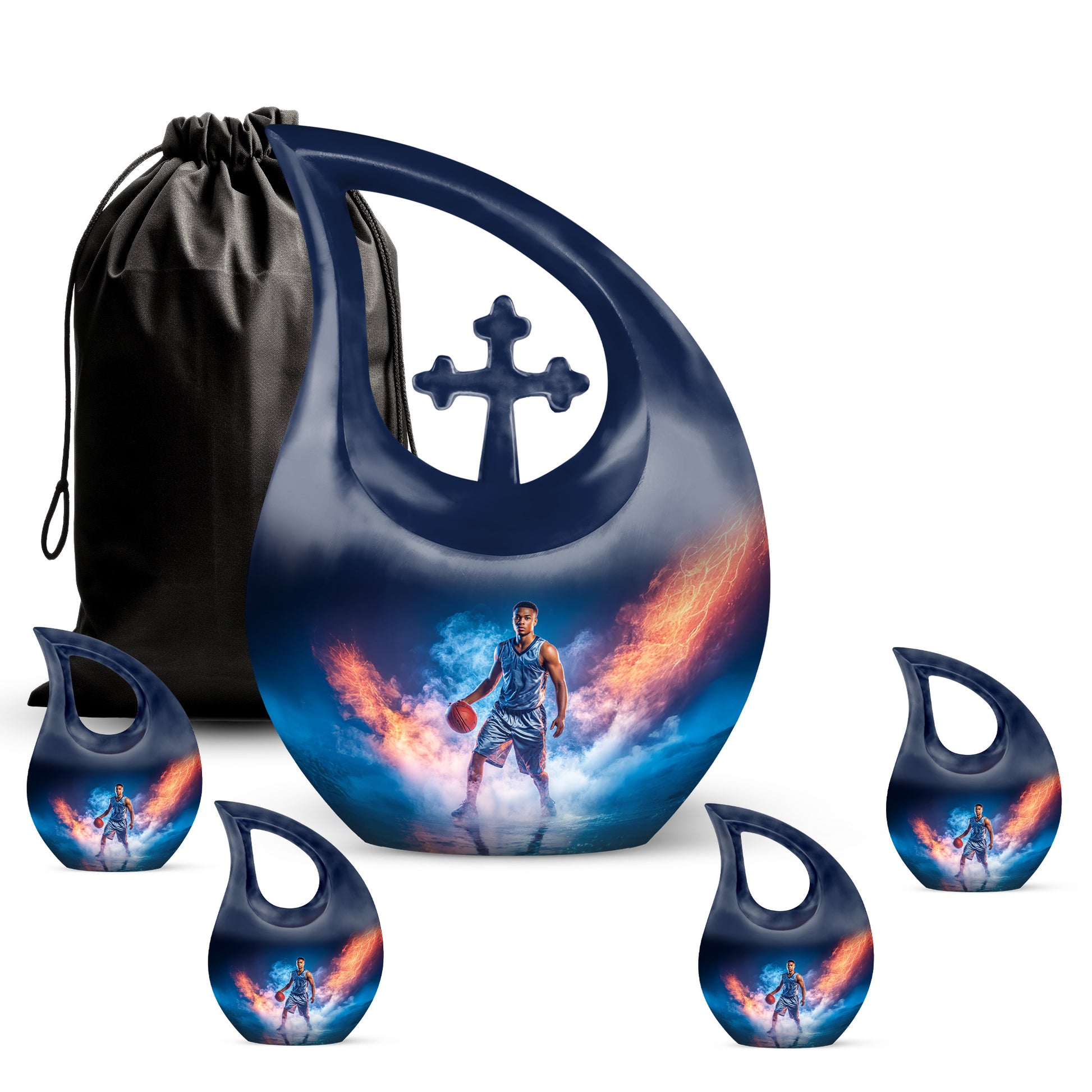 Cobalt Blue Basketball Cremation Urn urn with complimentary velvet bag - devotional cross-drop basketball engraving - memorial set with one large and four small urns