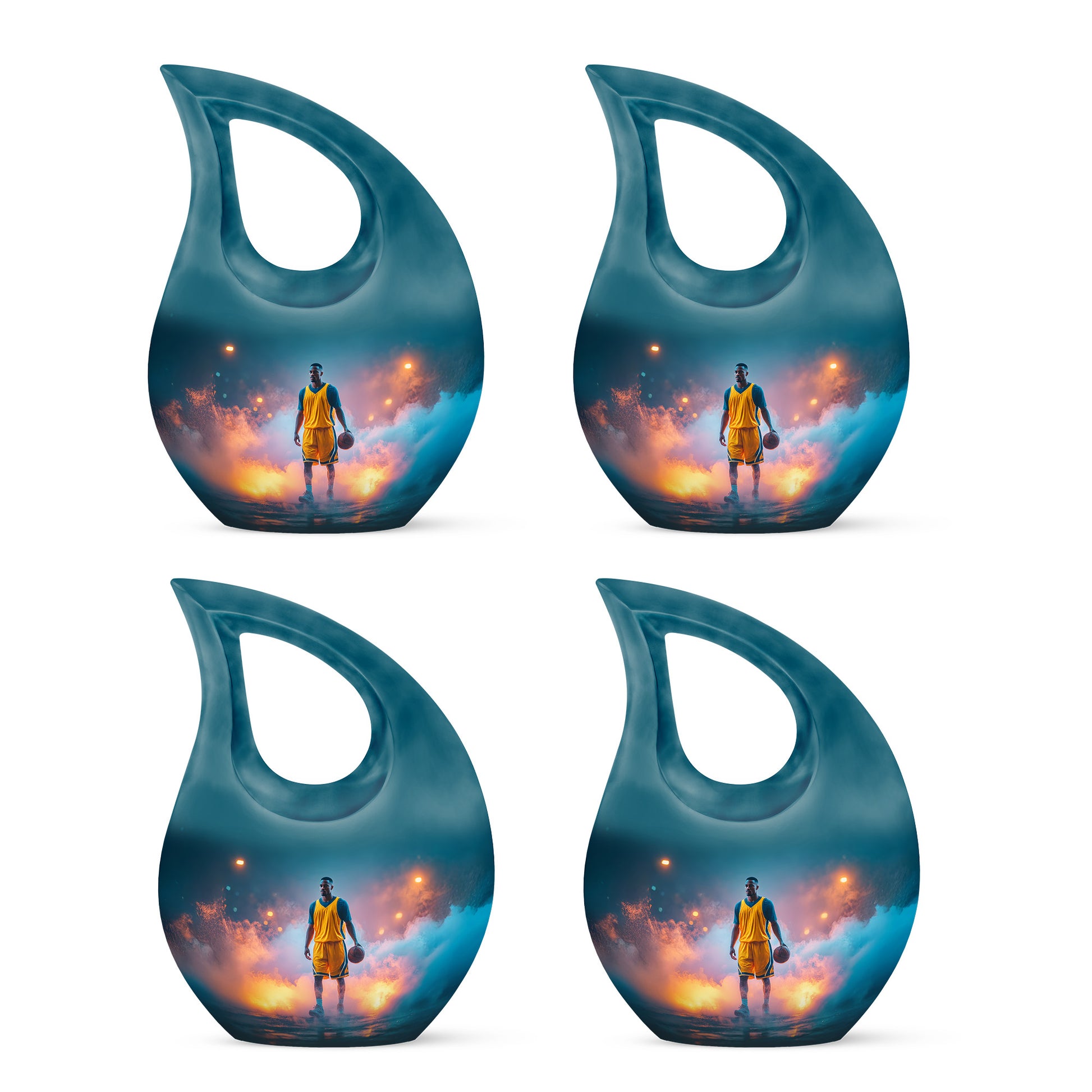 Ocean Teal Basketball Cremation Urn lifestyle display on memorial shelf - sacred cross merged with basketball motif on metal - 10 inch aluminum urn for cremated remains