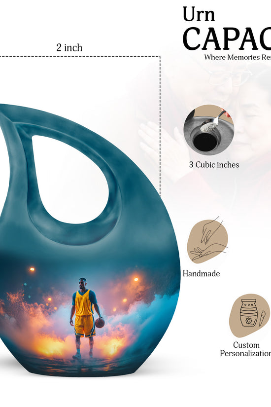 Vivid Teal Basketball Cremation Urn back view with polished surface - devotional cross-drop basketball engraving - mini keepsake memorial for portion of cremation ashes