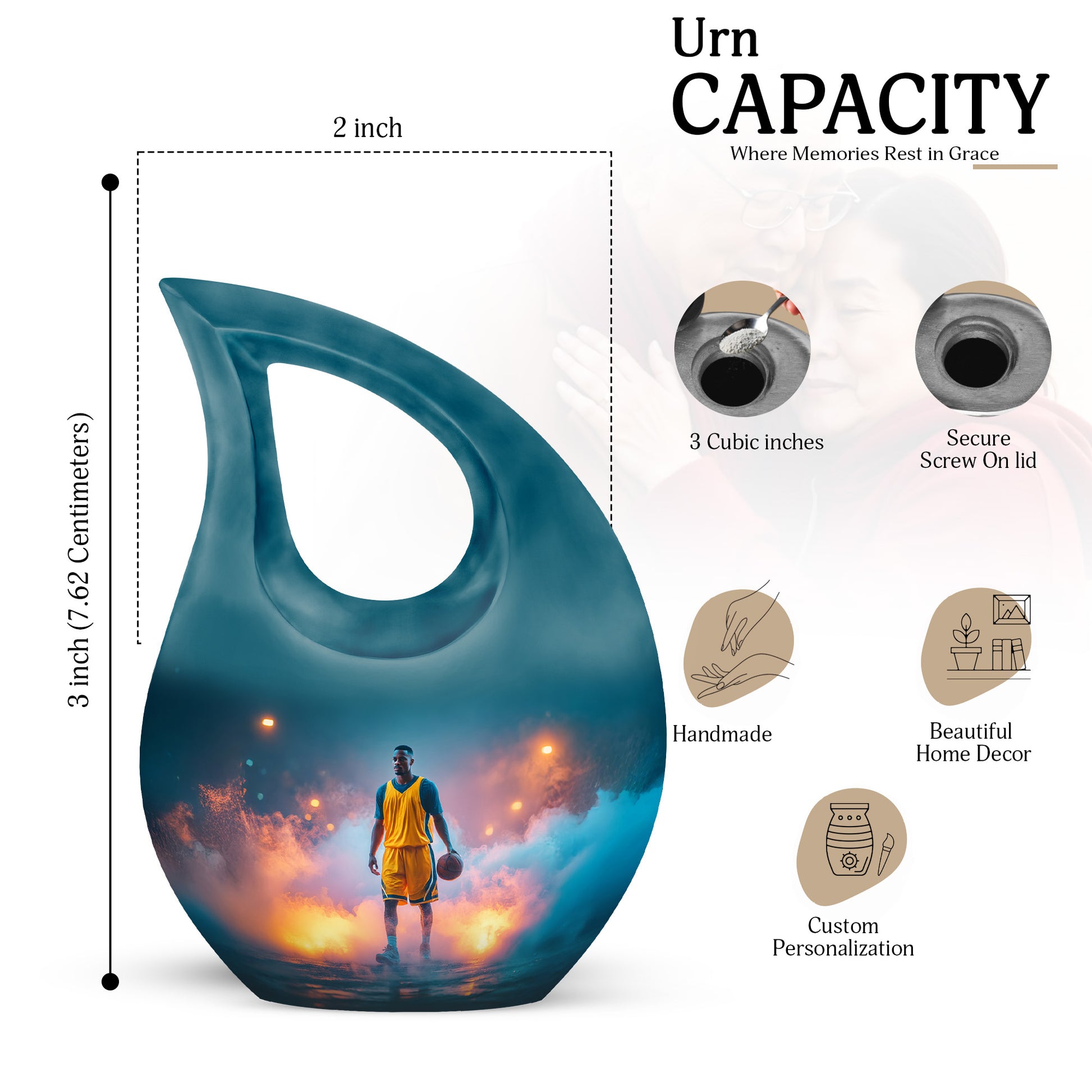 Vivid Teal Basketball Cremation Urn back view with polished surface - devotional cross-drop basketball engraving - mini keepsake memorial for portion of cremation ashes