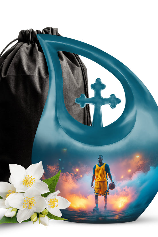 Mystic Teal Basketball Cremation Urn top-down view of secure threaded lid - devotional cross-drop basketball engraving - full-size 10 inch 200 cubic inch adult cremation urn