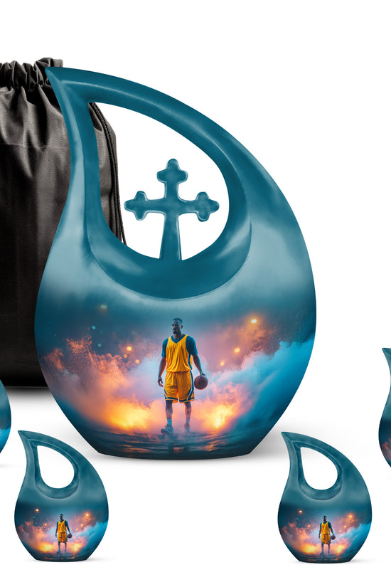 Vivid Teal Basketball Cremation Urn urn with complimentary velvet bag - devotional cross-drop basketball engraving - memorial set with one large and four small urns