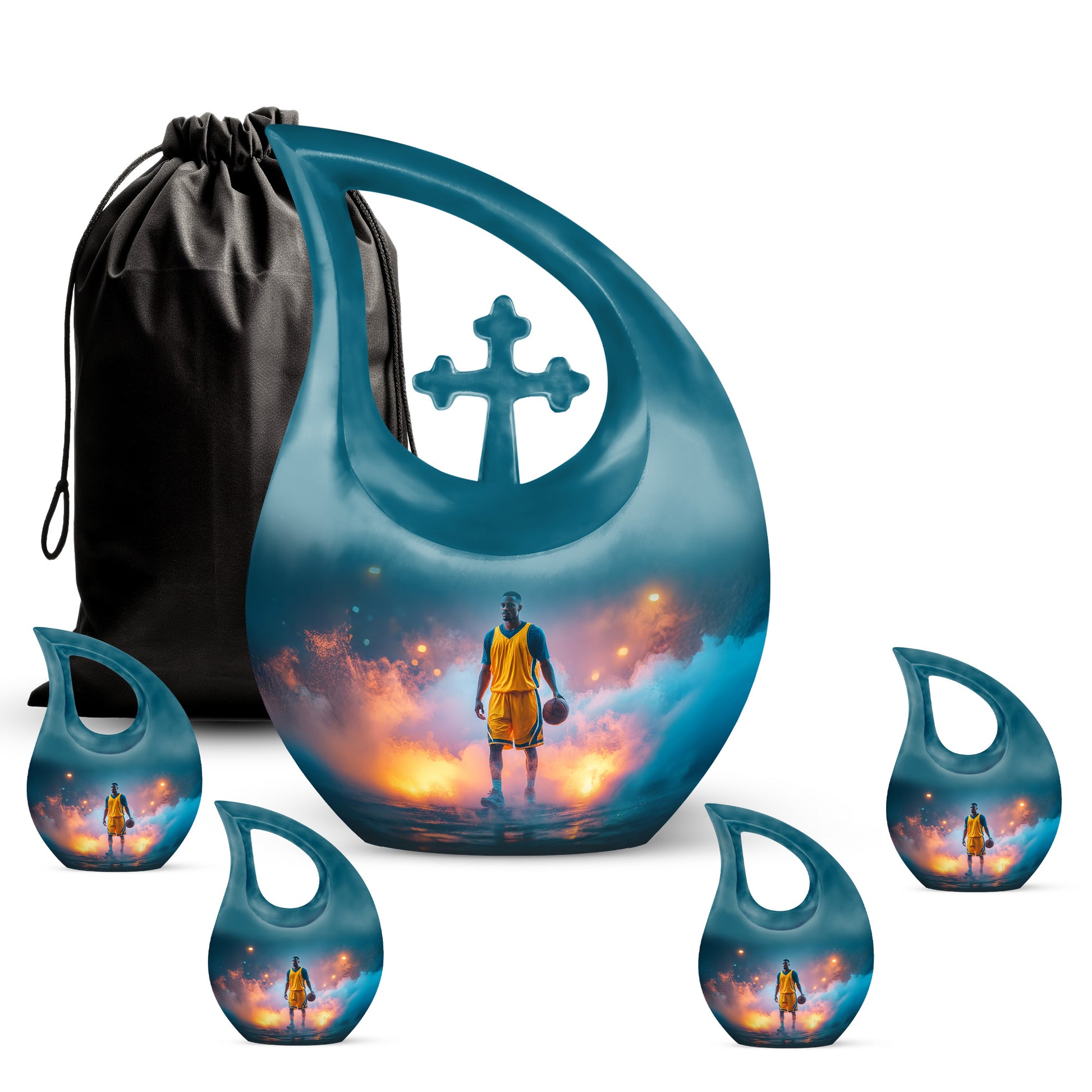 Vivid Teal Basketball Cremation Urn urn with complimentary velvet bag - devotional cross-drop basketball engraving - memorial set with one large and four small urns