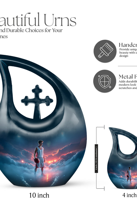 Navy Blue Basketball Cremation Urn back view with polished surface - cross and basketball combined in spiritual memorial design - mini keepsake memorial for portion of cremation ashes