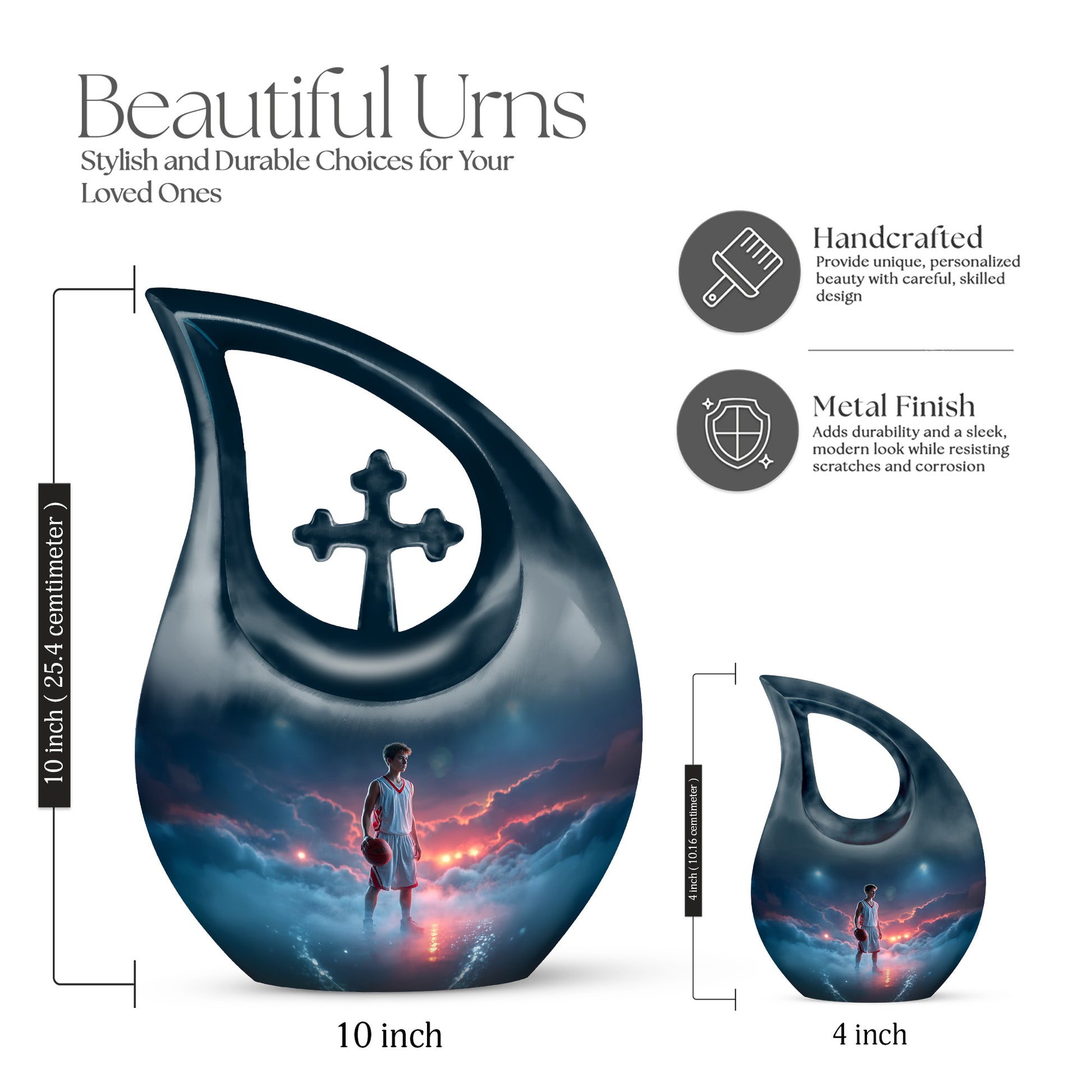 Navy Blue Basketball Cremation Urn back view with polished surface - cross and basketball combined in spiritual memorial design - mini keepsake memorial for portion of cremation ashes