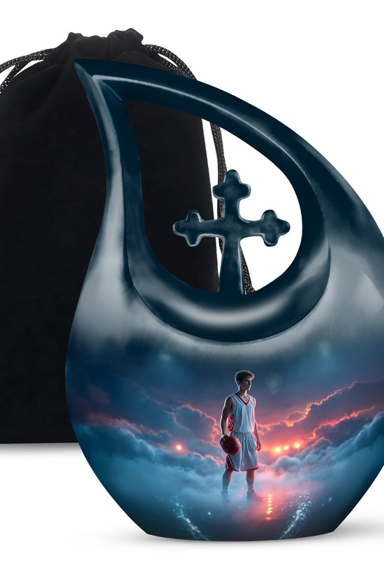 Soft Blue Basketball Cremation Urn top-down view of secure threaded lid - faith-inspired cross-drop urn with basketball pattern - full-size 10 inch 200 cubic inch adult cremation urn