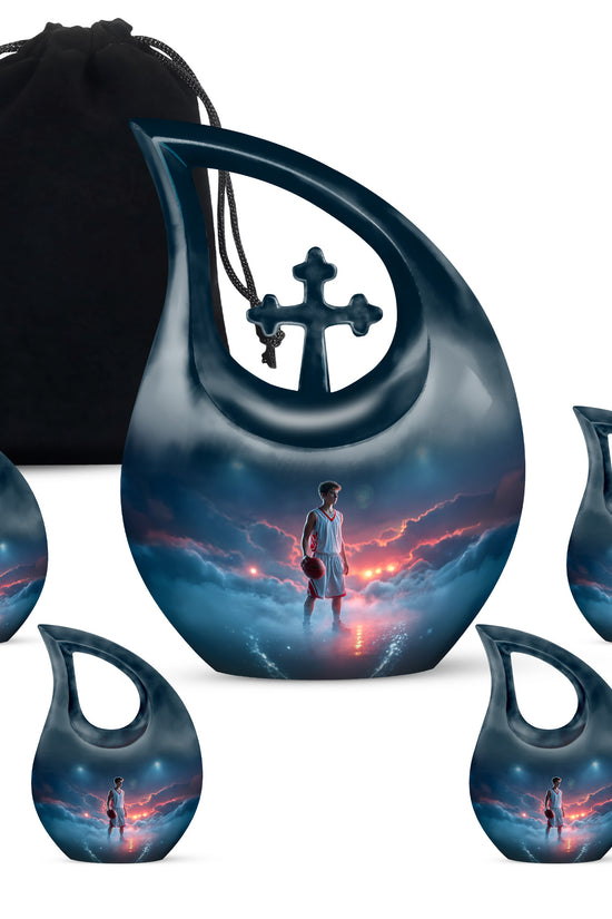 Powder Blue Basketball Cremation Urn urn with complimentary velvet bag - cross and basketball combined in spiritual memorial design - memorial set with one large and four small urns