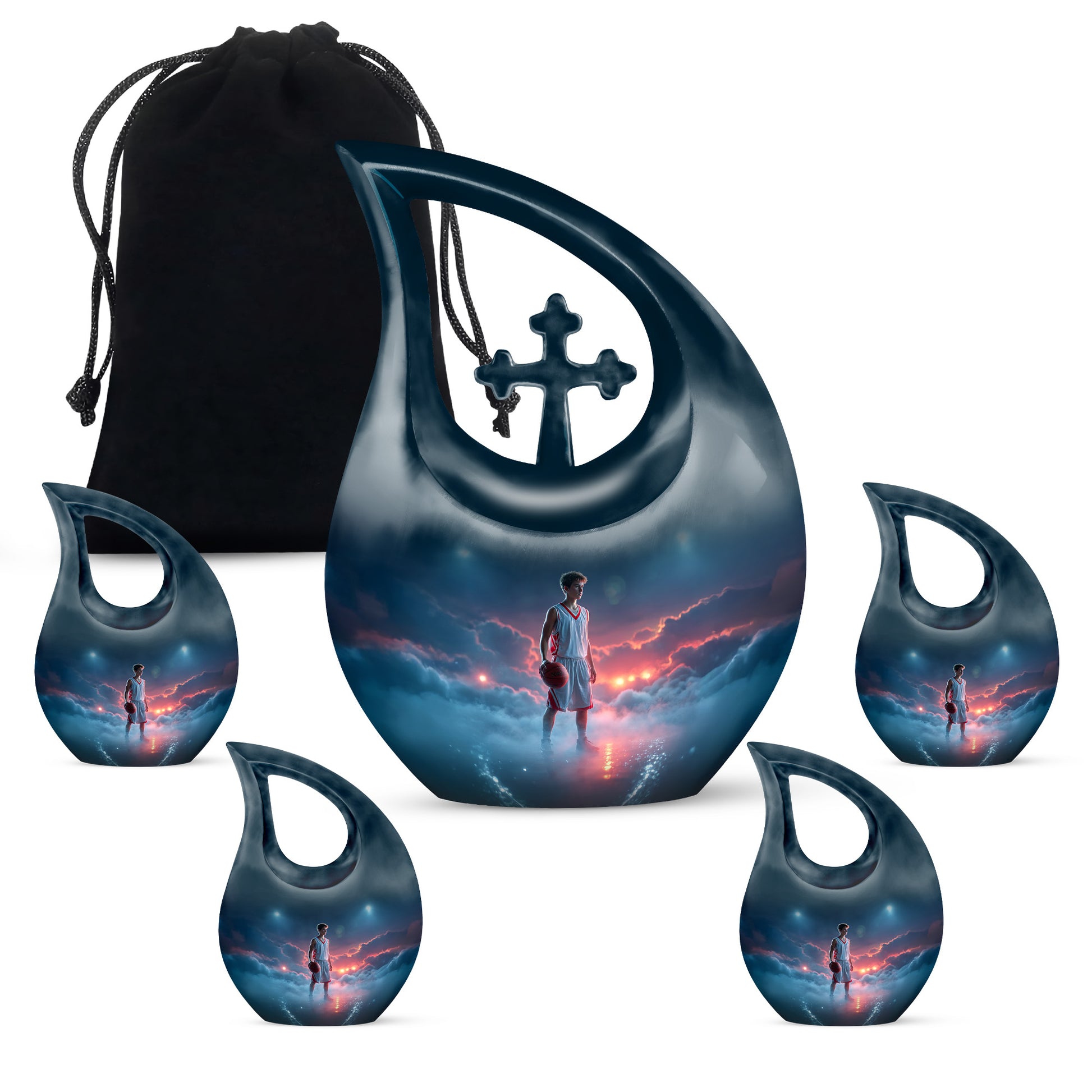Powder Blue Basketball Cremation Urn urn with complimentary velvet bag - cross and basketball combined in spiritual memorial design - memorial set with one large and four small urns
